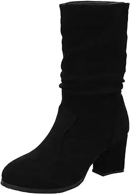 Women Mid Calf Boots Autumn and Winter Fashionable Simple Solid Color Comfortable Round Toe Thick Heel Riding Boots