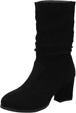 Women Mid Calf Boots Autumn and Winter Fashionable Simple Solid Color Comfortable Round Toe Thick Heel Riding Boots