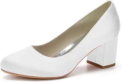 Women's Mid Block Heel Pumps Satin Bridal Shoes Closed Round Toe Office Work Church Wedding Party Dress Shoes