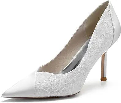 PUFYA Women Pointed Toe Lace Satin Bridal Shoes Stiletto High Heels Dress Pumps Slip on Wedding Evening Party Court Shoes