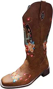 MidShoes Cactus Women's Toe Boots Embroidery Fashion Quadrate Color Women's Boots Women's Winter Boots Narrow Width (Brown-E, 10)