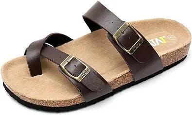 Women's Cork Footbed Sandals - Cow Suede Slide Sandals for Women with Adjustable Strap Buckle Open Toe Beach Sandals