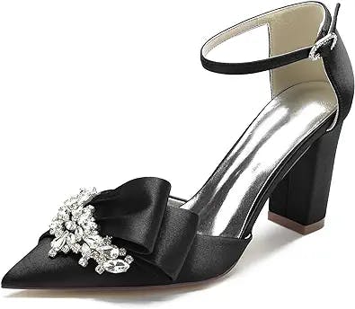 PUFYA Womens High Block Heels Court Shoes Closed Toe Ankle Strap Bridal Wedding Pumps Crystal Satin Dress Shoes