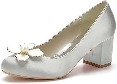 Women's Satin Bridal Shoes 2.36" Block Heel Dress Pumps Round Toe Slip on Wedding Party Court Shoes