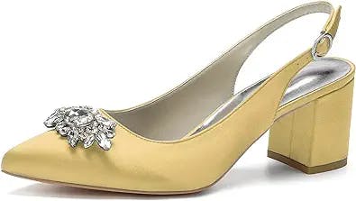 PUFYA Women Chunky Block Low Heel Pointed Toe Crystal Sandals Slingback Buckle Pumps Court Shoe Wedding Dress Shoes