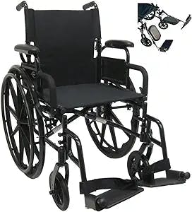 Karman Healthcare 802-DY-E Aluminum Lightweight Wheelchair with Flip Back Armrests with Elevating Legrests, Black, 18" Seat Width