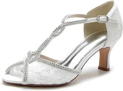 KJCQGQTZ Women Peep Toe Cross T-Strap Bridal Pumps Chunky Heel Open Toe Rhinestones Wedding Shoes Comfort Lace Satin Mid Heel Evening Party Pumps Sandals Shoes