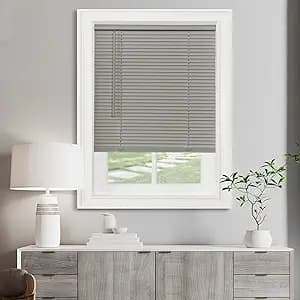 Cordless Light Filtering Mini Blind - 33 Inch Length, 64 Inch Height, 1" Slat Size - Grey - Cordless GII Morningstar Horizontal Windows Blinds for Interior by Achim Home Decor