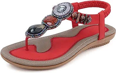 SHIBEVER Summer Flat Sandals for Women Comfortable Casual Beach Shoes Bohemian Beaded Flip Flops Sandals