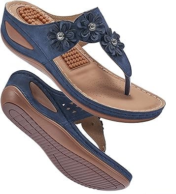 FUDYNMALC Womens Wedge Flip Flops Sandals with Arch Support Summer Comfortable Platform Bohemia Flat Shoes Hook Loop Adjustable Casual Thong Sandal